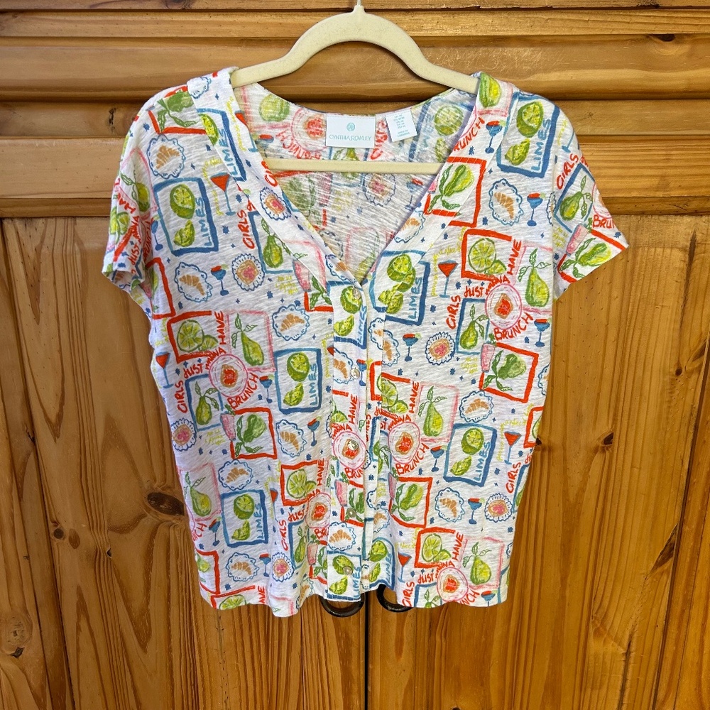 Cynthia Rowley "Girls Just Wanna Have Fun" Linen Shirt Button Down Women M